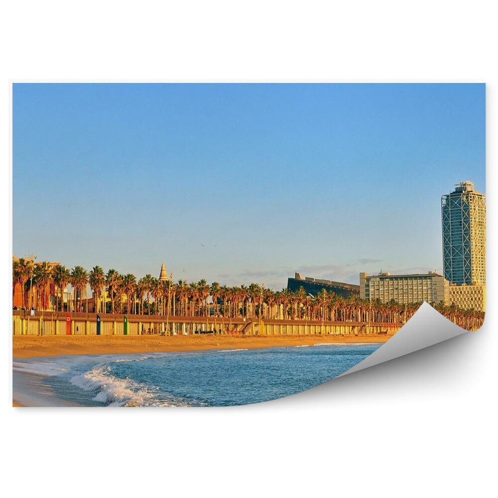 Okleina ścienna plaża ocean palmy budynki Barcelona Hiszpania