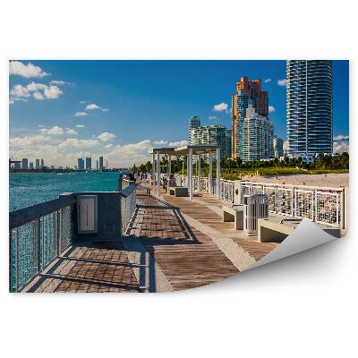 Okleina ścienna Wieżowce drzewa ludzie plaża molo wieżowce ocean niebo chmury