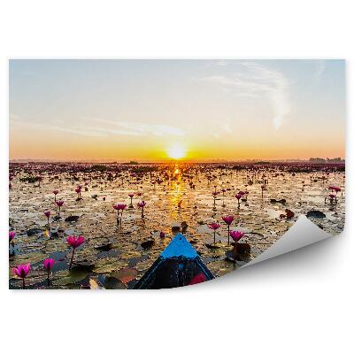 Okleina ścienna Łódź na jeziorze lilie wodne i zachód słońca