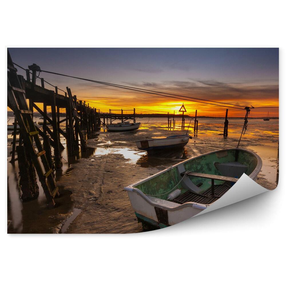 Fototapeta Zachód słońca łodzie pomost drabina kable przybrzeże