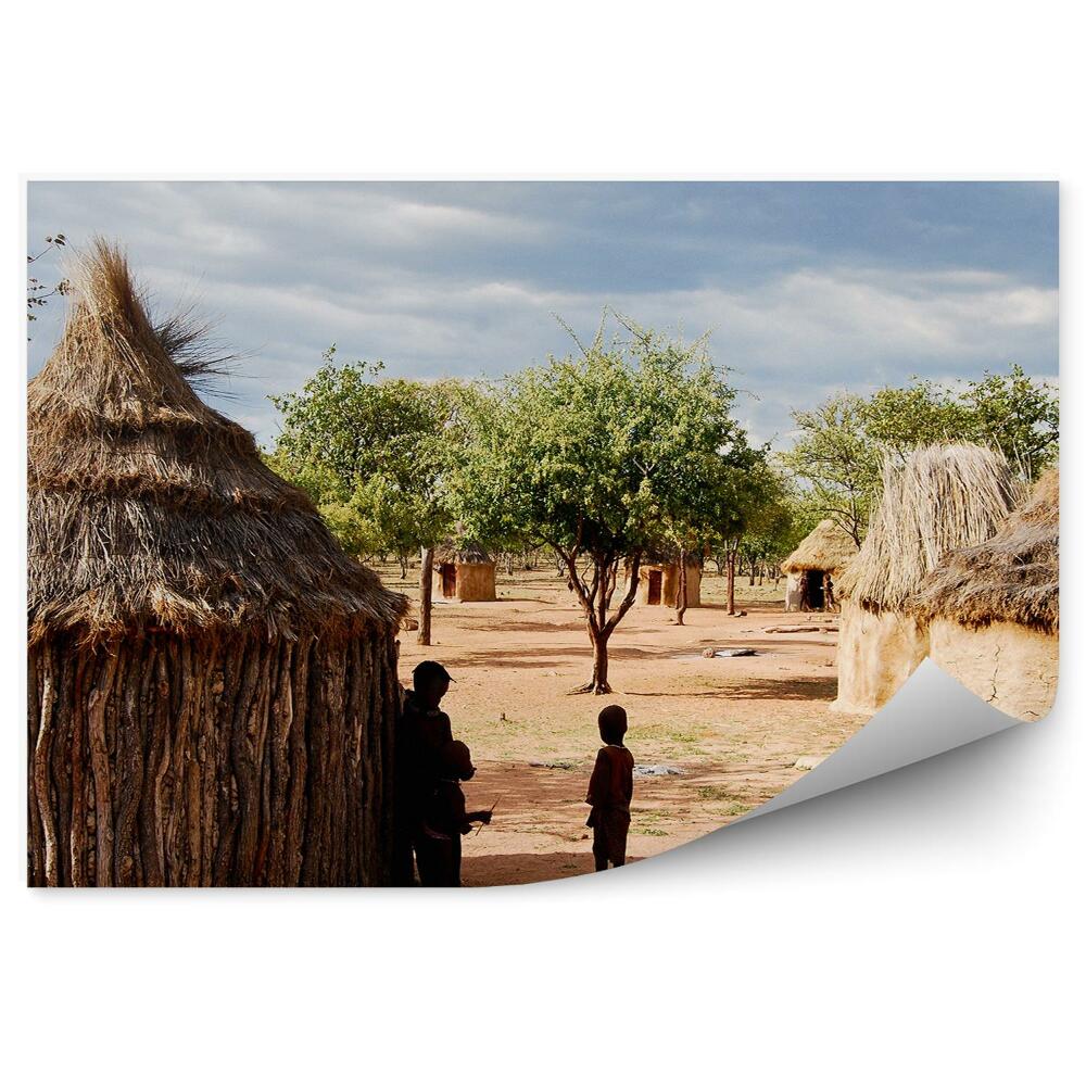 Okleina na ścianę wioski Himba drzewa niebo chmury domy afrykańskie