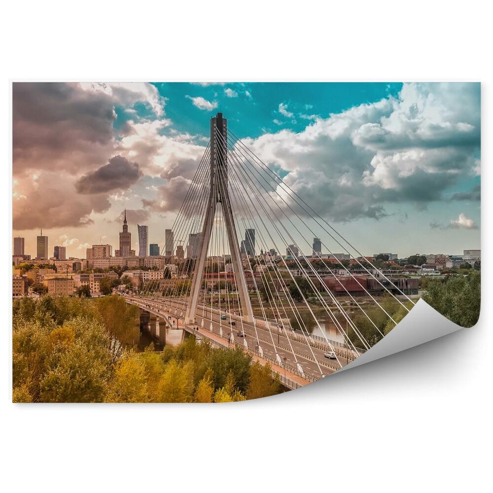 Okleina na ścianę panorama Warszawy rzeka most niebo chmury drzewa