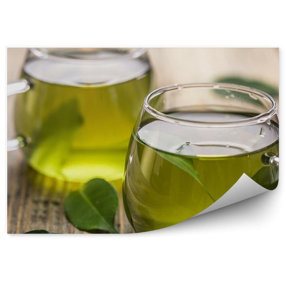 Fototapeta Zielona herbata zaparzona liście stół