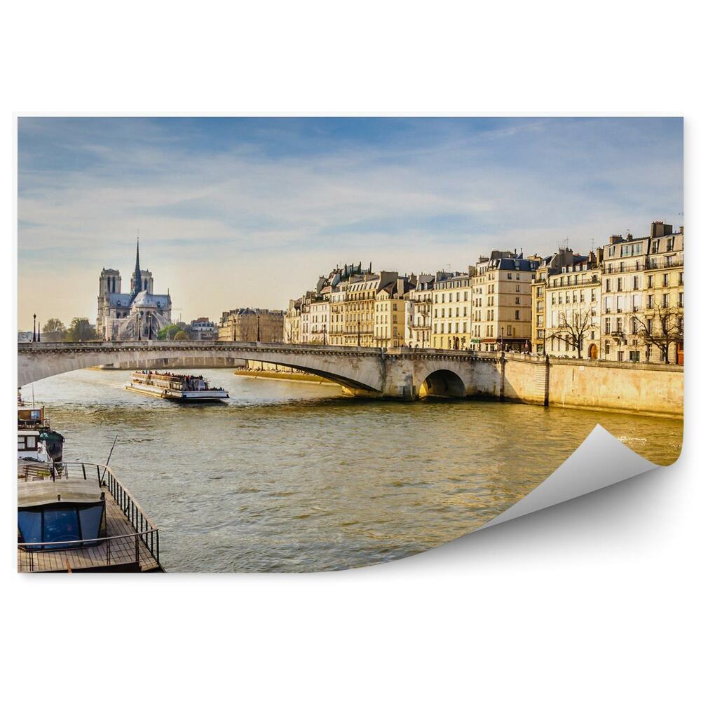 Fototapeta budynki rzeka Sekwana jachty drzewa katedra Notre Dame