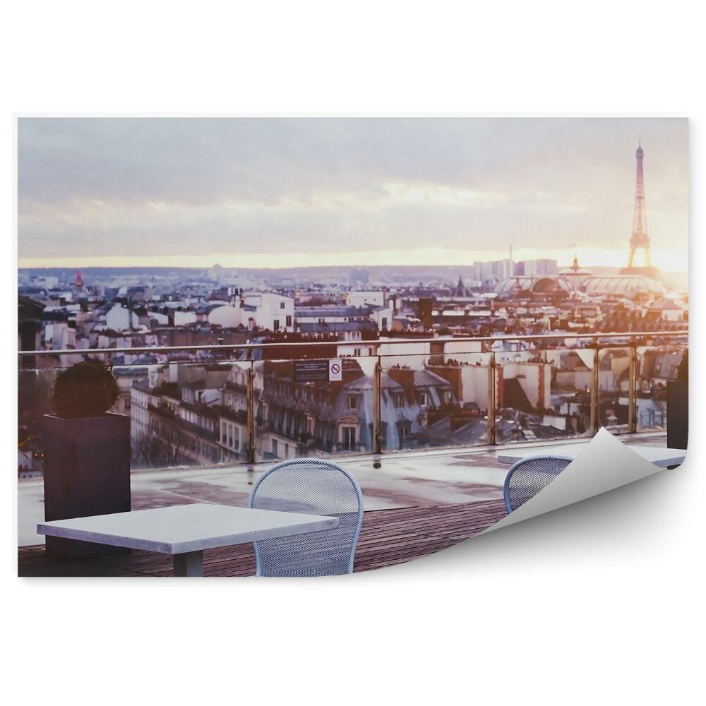 Okleina ścienna Widok słoneczny taras restauracji paryż wieża eiffla budynki niebo chmury
