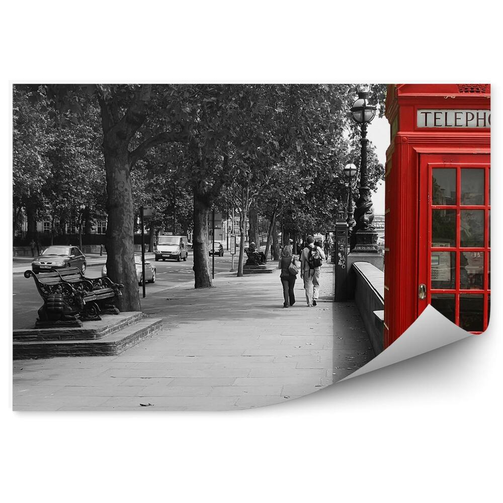 Fototapeta budka telefoniczna drzewa samochody ławki ludzie Londyn