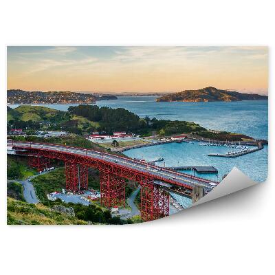 Okleina ścienna port most góry rośliny zachód słońca samochody