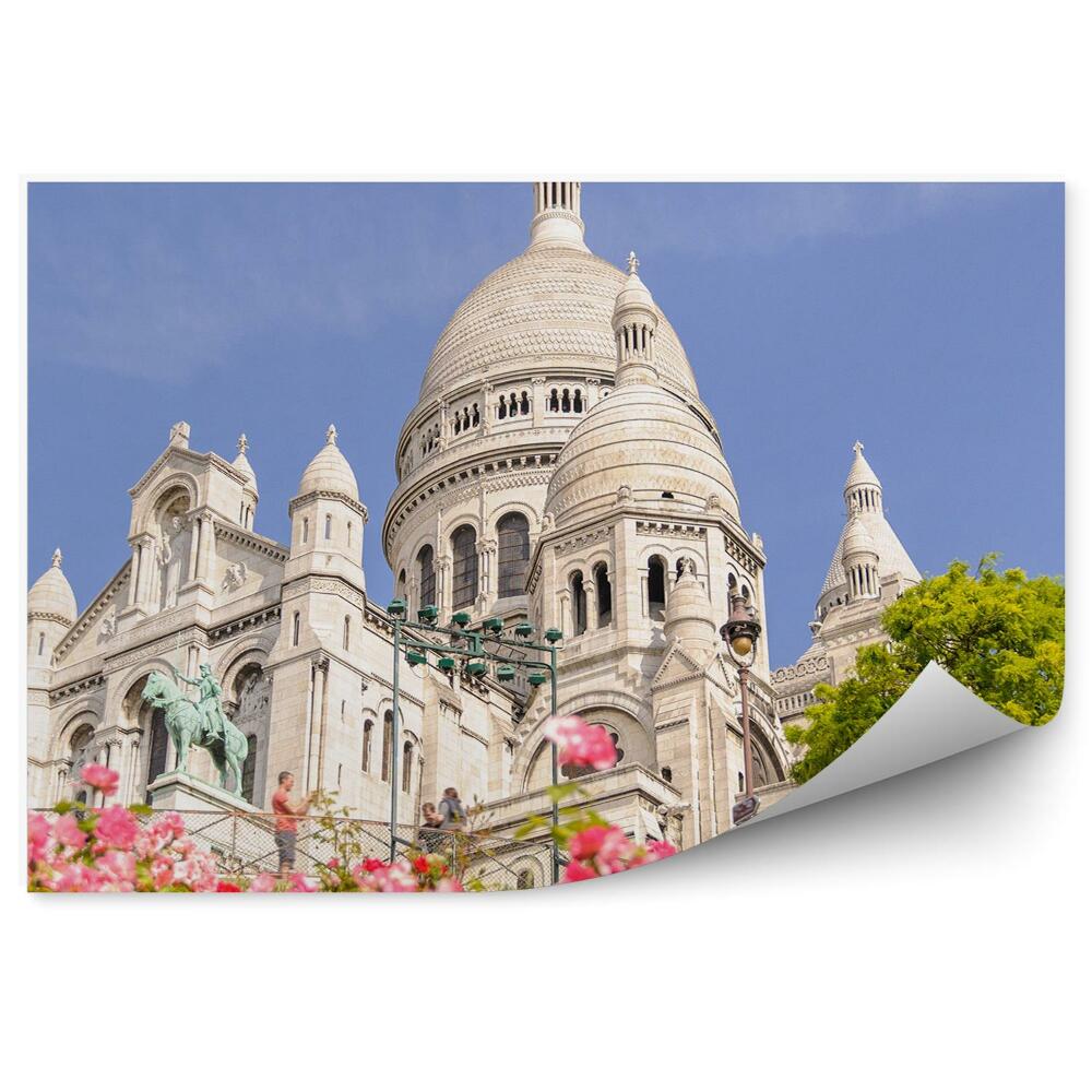 Fototapeta katedra Sacre Coeur kwiaty drzewa niebo Paryż Francja