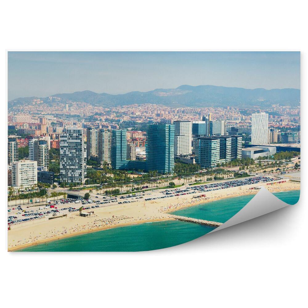 Okleina ścienna morze plaża budynki góry niebo widok Barcelona Hiszpania