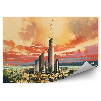 Okleina na ścianę Miasto sci-fi drzewa trawy kolorowe niebo