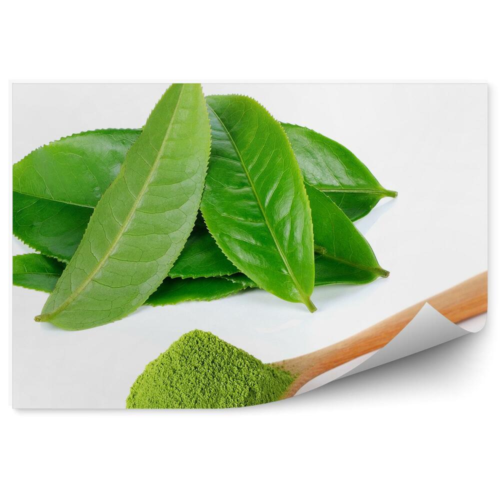 Fototapeta Zielona herbata liście proszek białe tło