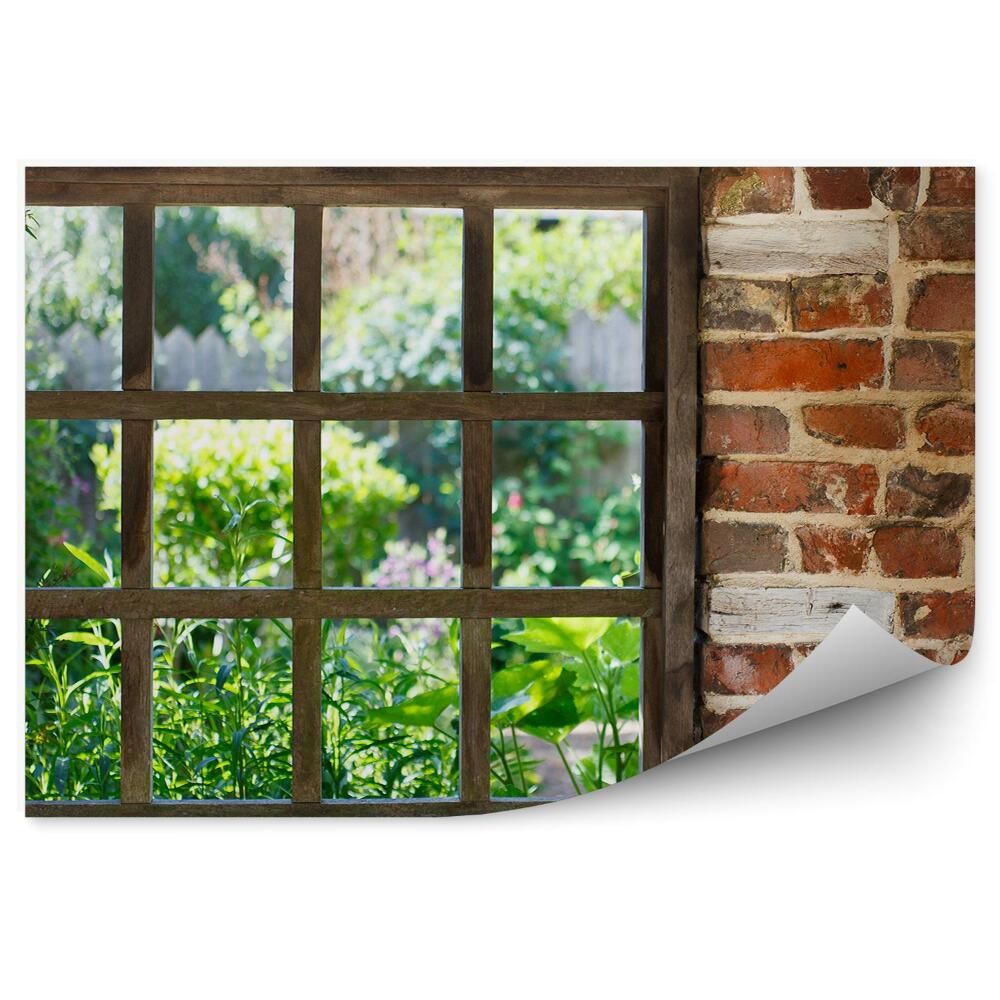 Fototapeta na ścianę Ceglany mur ściana drewniane okno widok na ogród