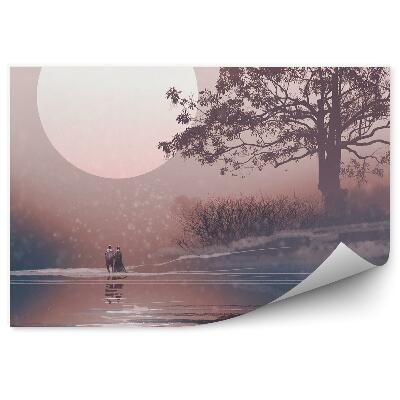 Fototapeta Miłość para zimowy krajobraz drzewa ogromny księżyc