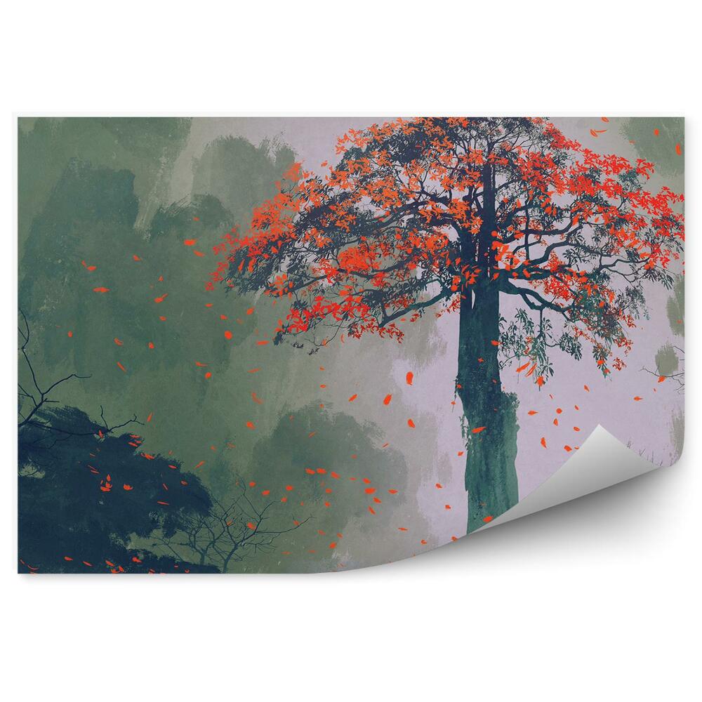 Fototapeta na ścianę Samotne jesienne drzewo opadające liście malowane