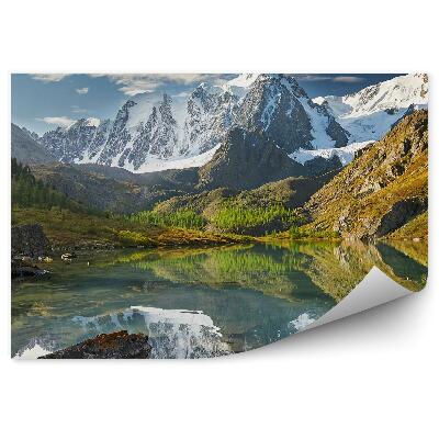 Okleina ścienna Szczyty gór jezioro drzewa skały natura niebo chmury śnieg zima ałtaj