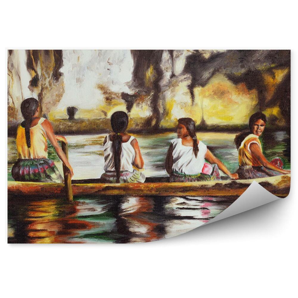 Okleina na ścianę cztery Indianki łódź rzeka skała Amazonia obraz
