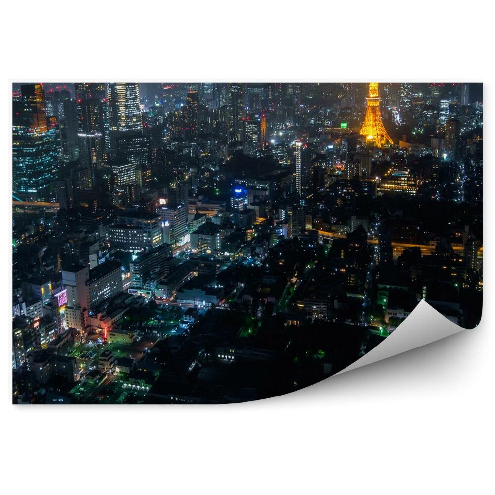 Okleina na ścianę widok z lotu ptaka noc Tokio Japonia światła