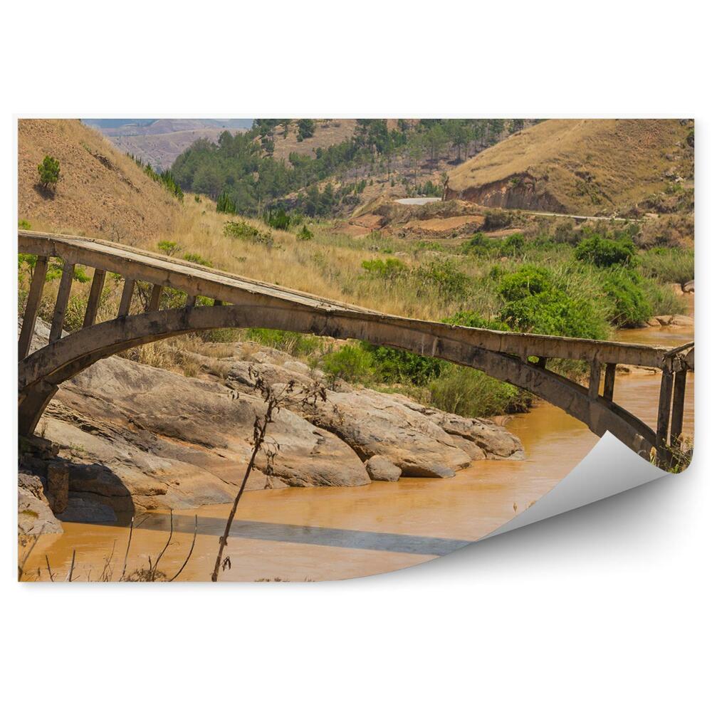 Okleina ścienna Stary uszkodzony most góry rośliny błotnista rzeka skały