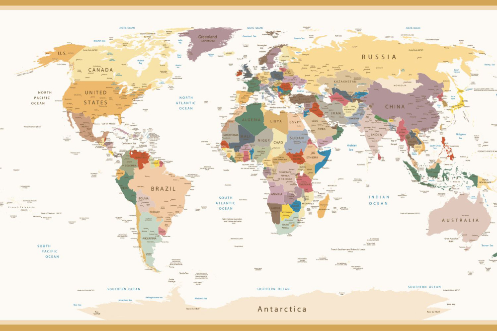 Fototapety Szczegółowa polityczna mapa świata vintage kolory
