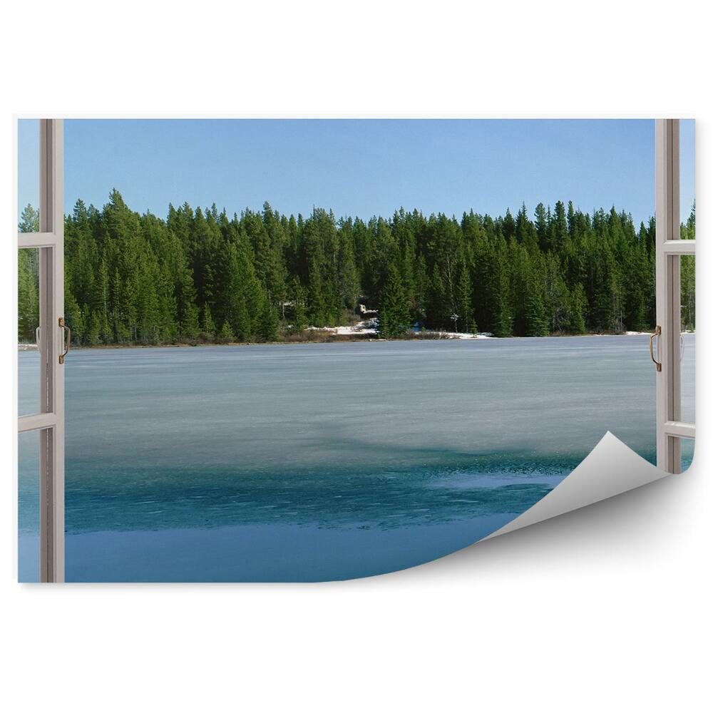 Fototapeta na ścianę Otwarte okno i widok na zamarznięte jezioro i las