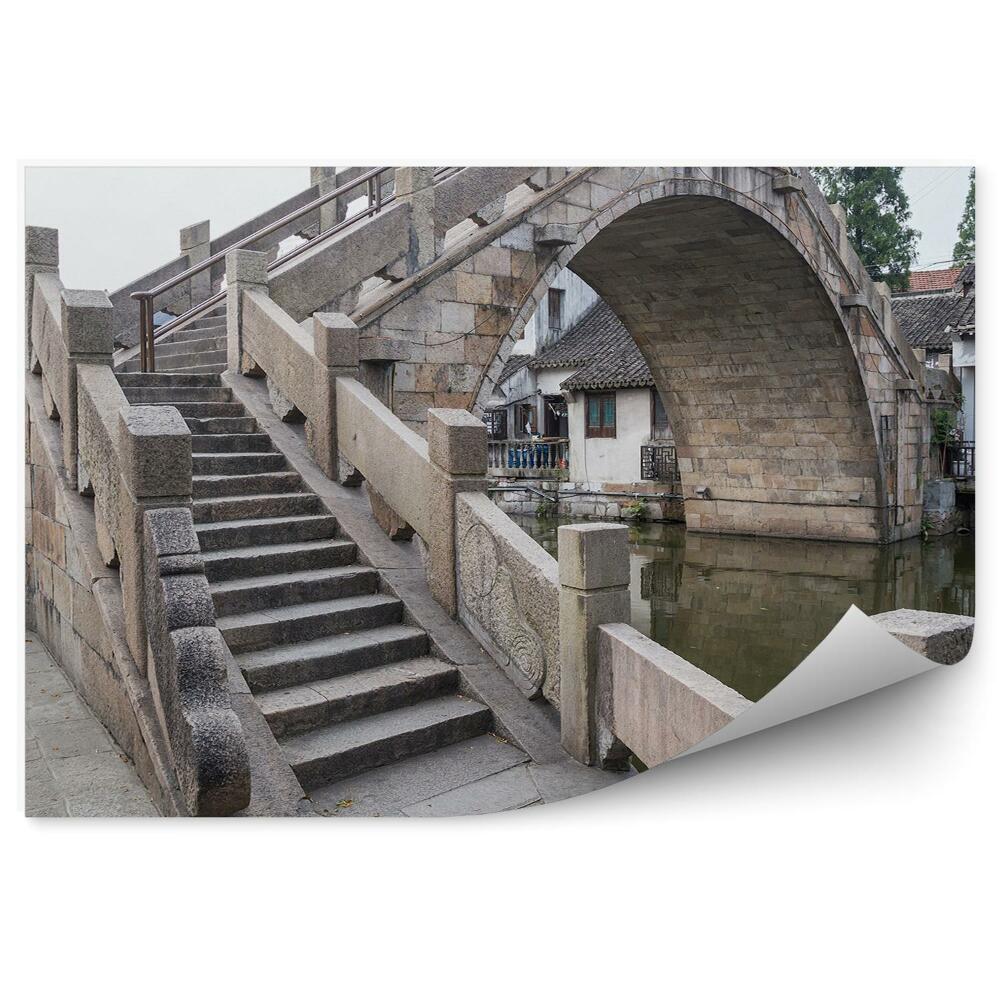 Okleina ścienna Most fengjing zhujiajiao starożytne miasto domy drzewa rzeka niebo