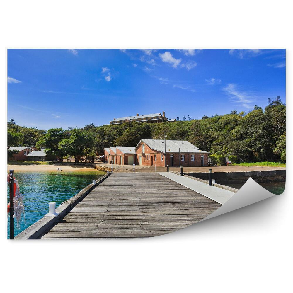 Okleina ścienna Molo kolo ratunkowe domy drzewa plaża jezioro niebo chmury