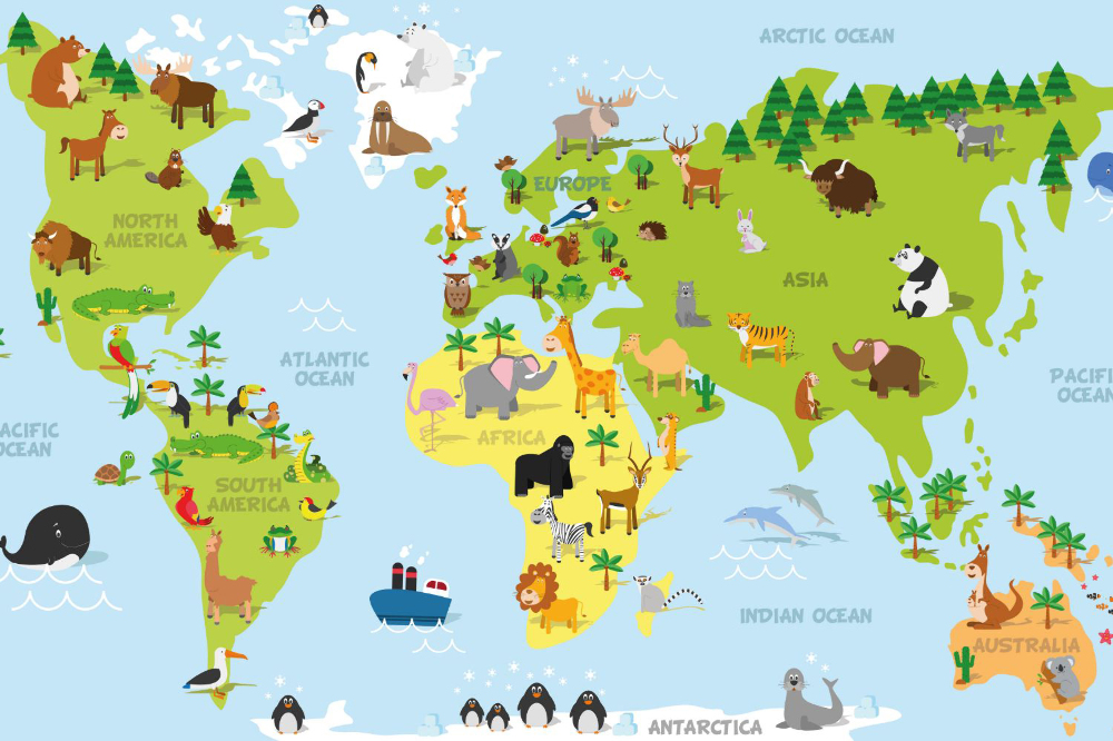 Fototapety Zabawna mapa świata z tradycyjnymi zwierzętami ze wszystkich kontynentów i oceanów