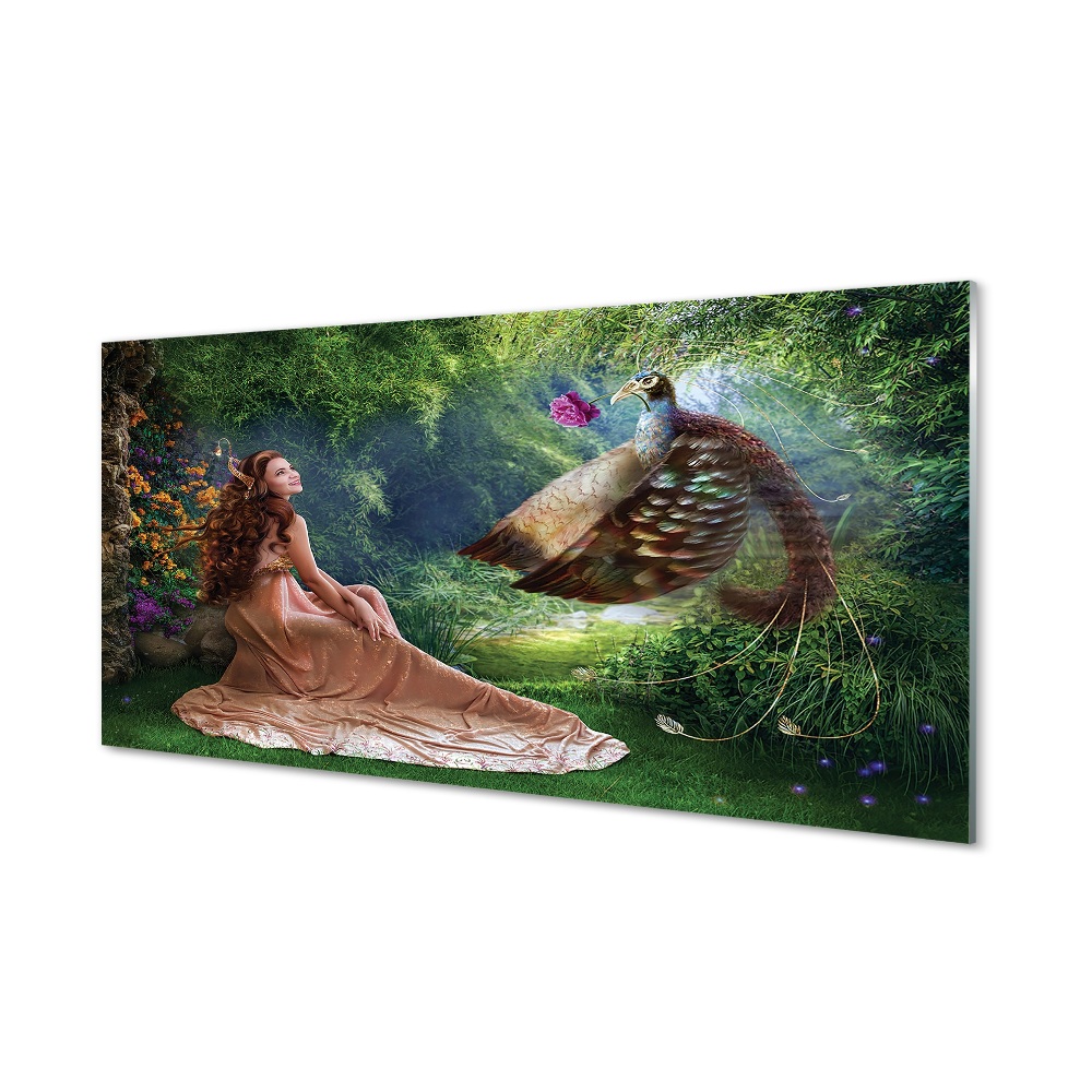 Obraz na szkle Kobieta w lesie z bażantem
