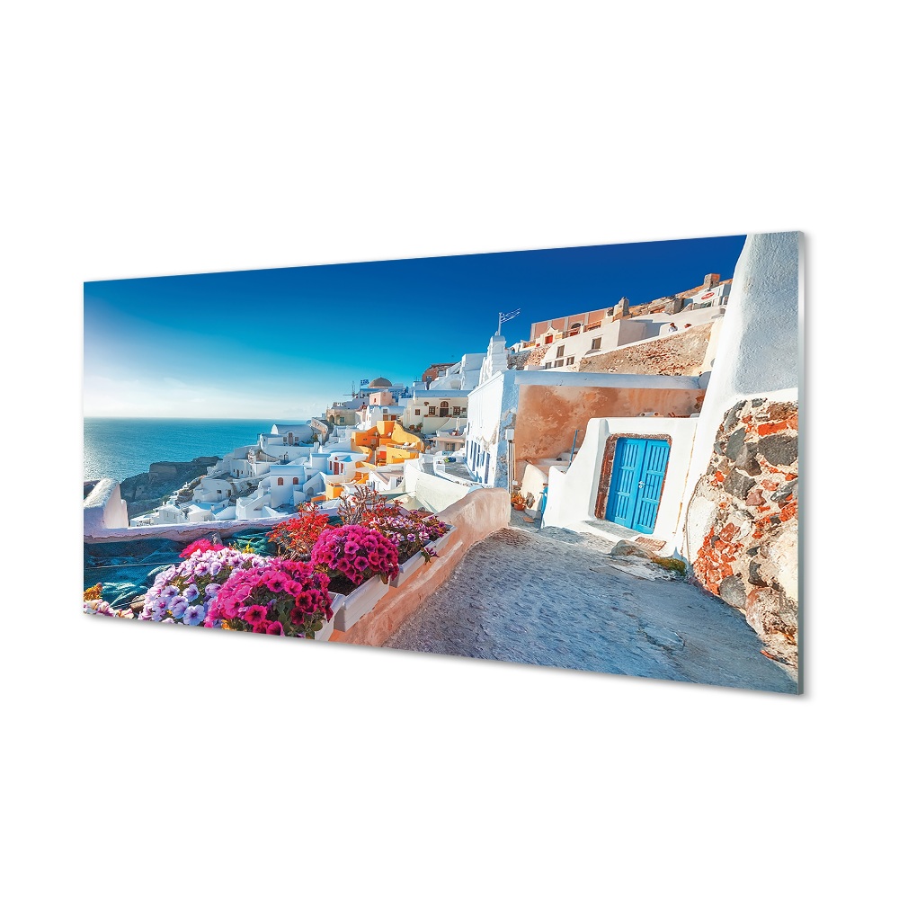 Obraz na szkle Grecja Budynki na wzgórzu kwiaty