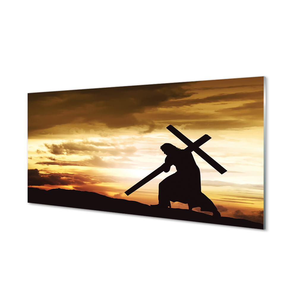 Obraz na szkle Jezus niosący krzyż zachód słońca