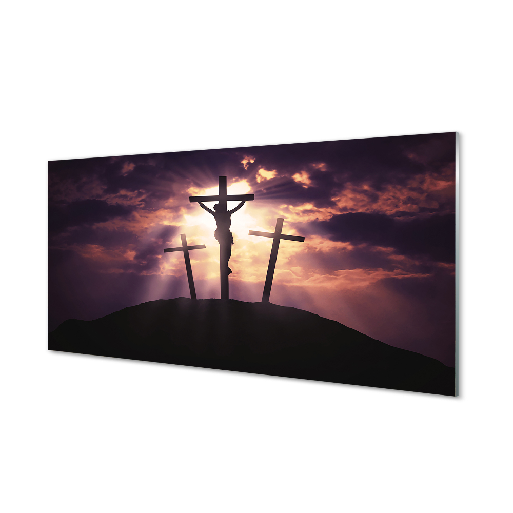Obraz na szkle Jezus trzy krzyże na wzgórzu