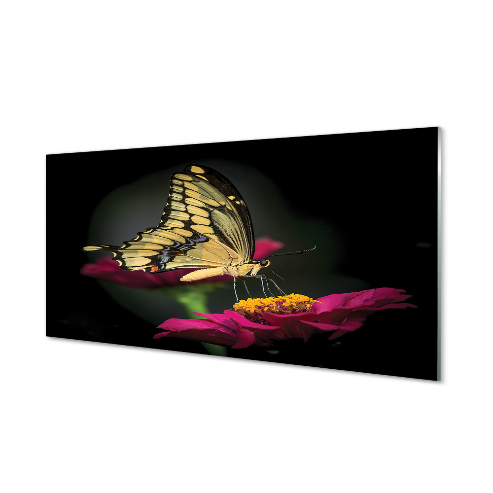 Obraz na szkle Żółty motyl na różowym kwiecie