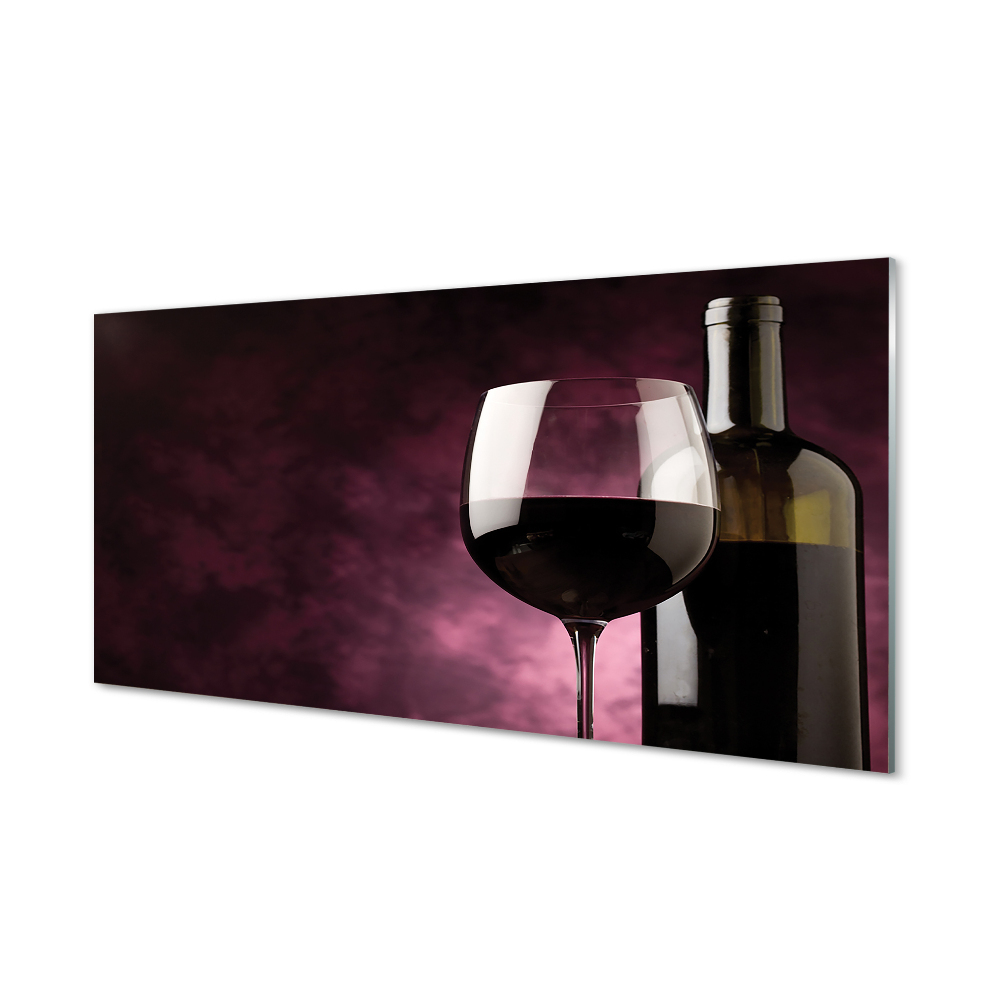 Obraz na szkle Butelka wina i kieliszek na fioletowym tle