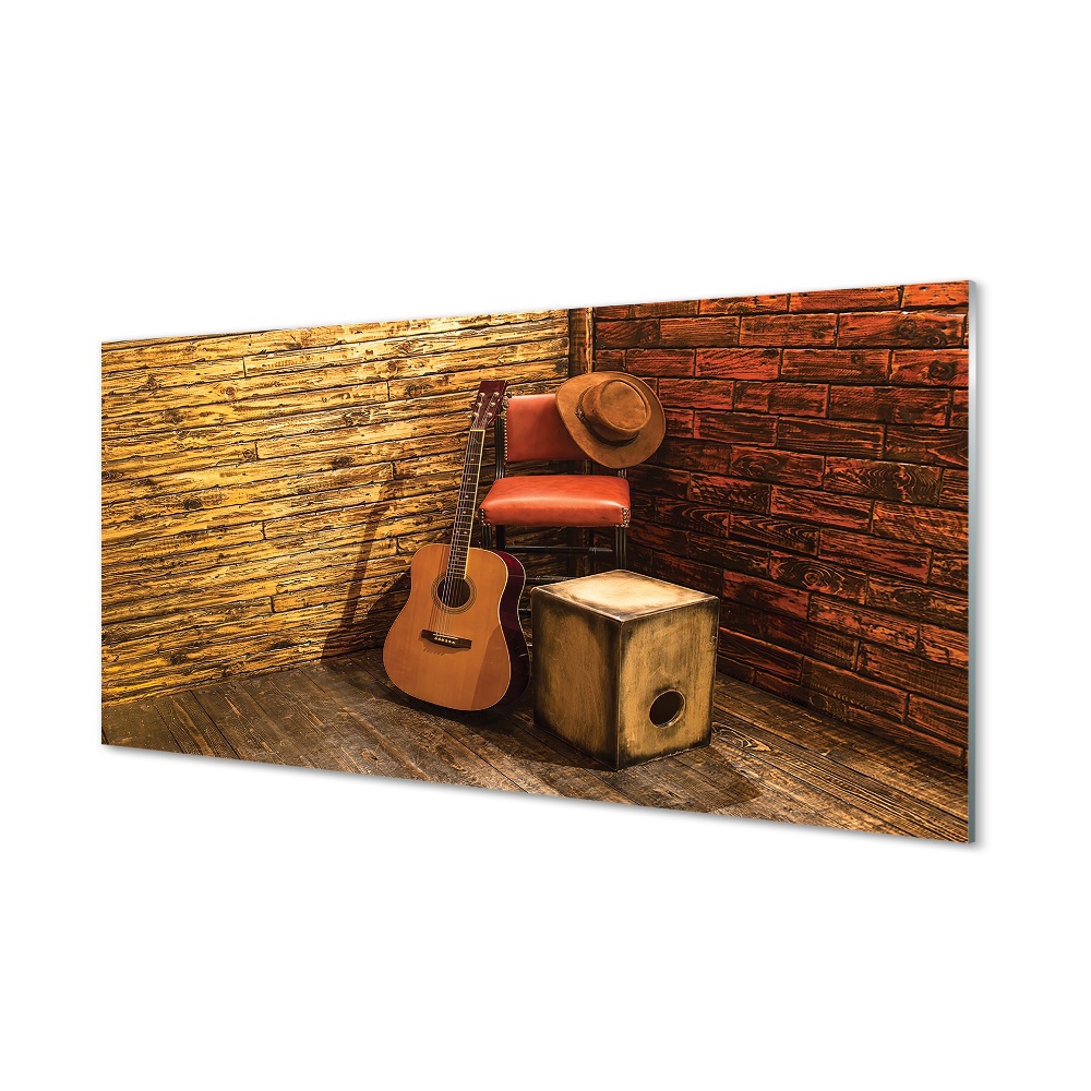 Obraz na szkle Gitara kapelusz krzesło w rogu pokoju