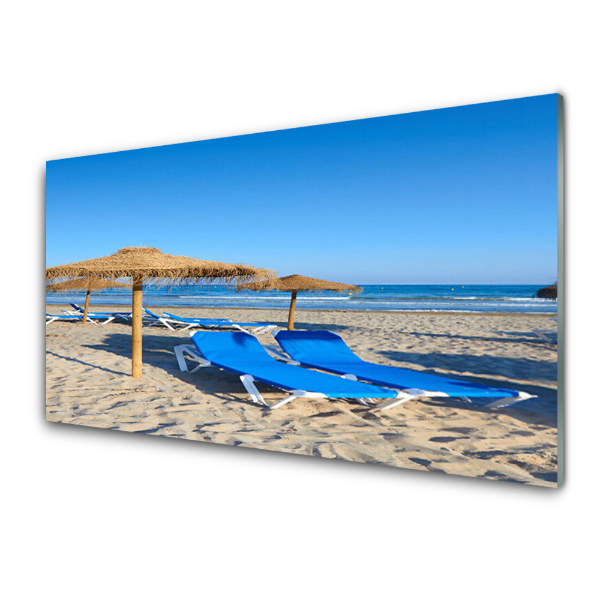 Obraz Szklany Niebieskie leżaki na plaży