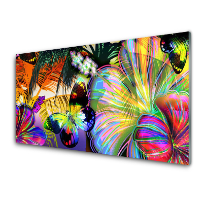 Obraz Szklany Tęczowe motyle i kwiaty