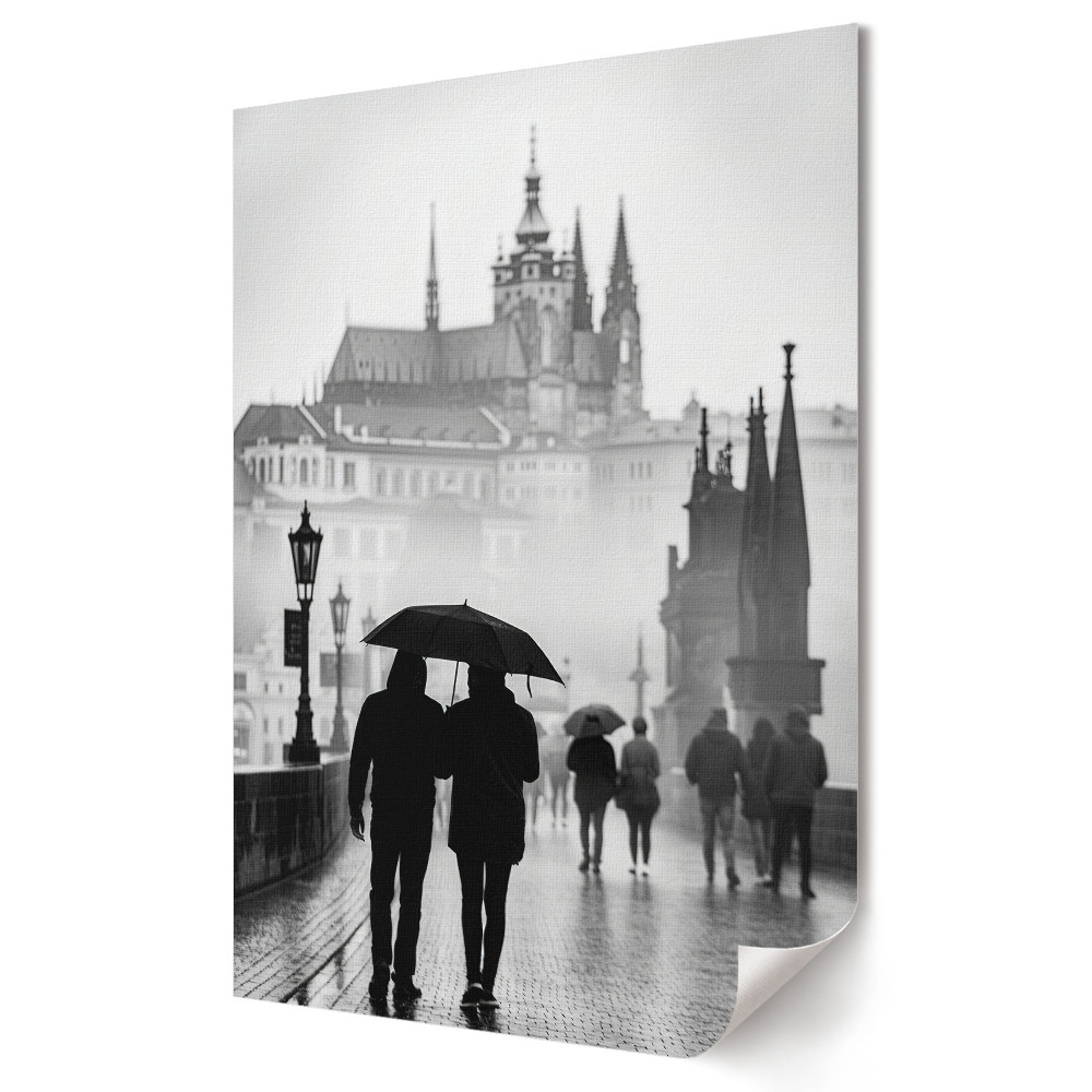 Stylowy plakat na ścianę Romantyczny spacer w deszczowej Pradze