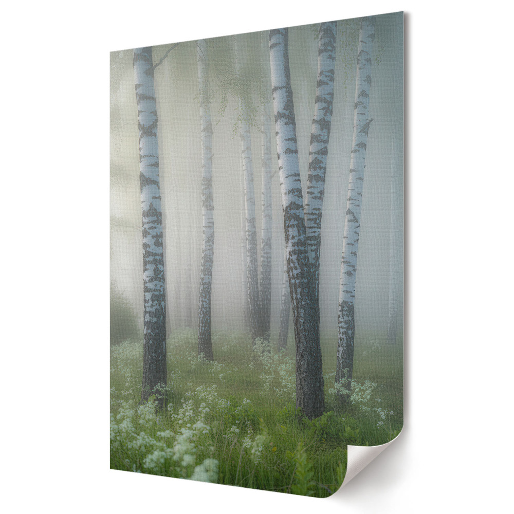 Plakat na materiale polycanvas Mglista Aleja Białych Brzóz