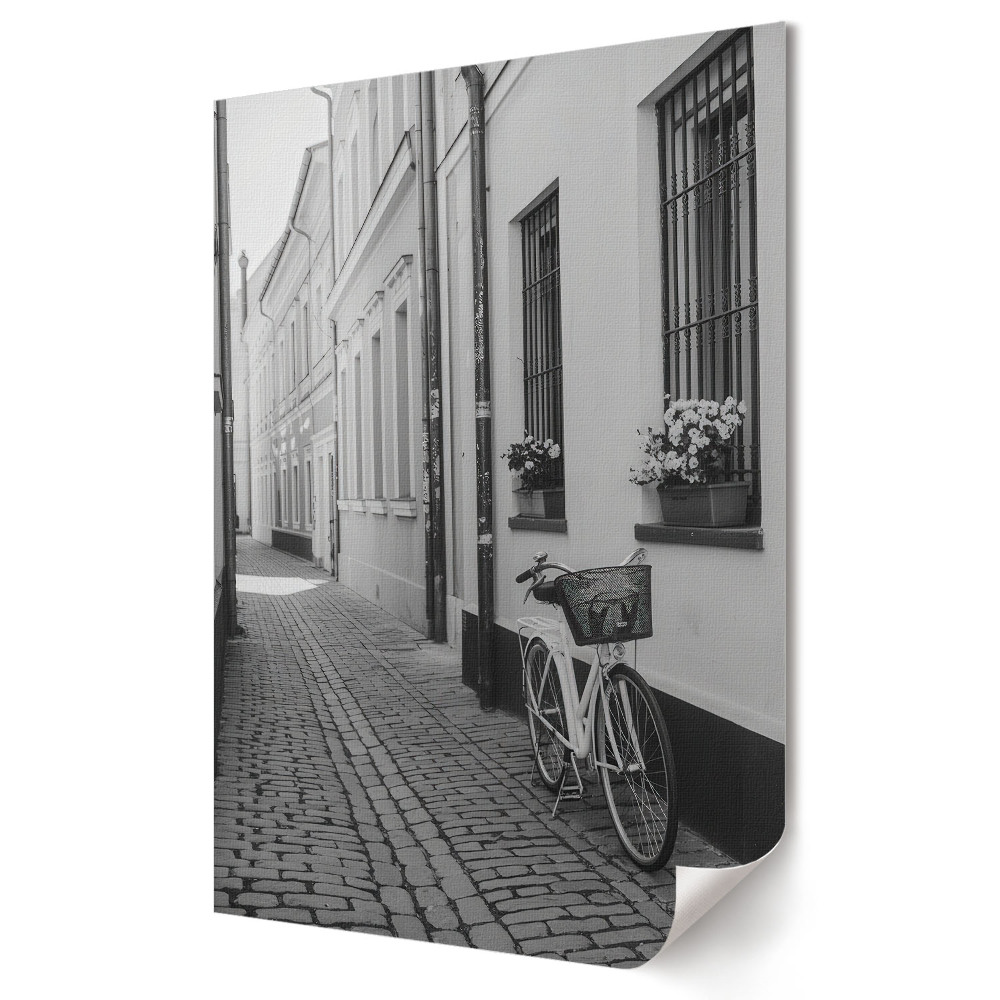 Plakat na materiale polycanvas Cicha Ulica z Rowerem w czerni i bieli