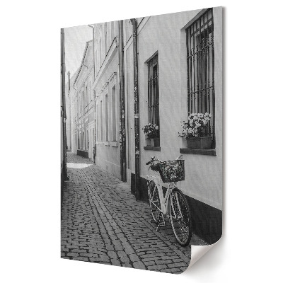 Plakat na materiale polycanvas Cicha Ulica z Rowerem w czerni i bieli