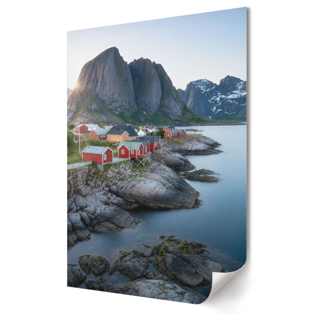 Nowoczesny plakat dekoracyjny Malownicze domki nad fiordem w Norwegii