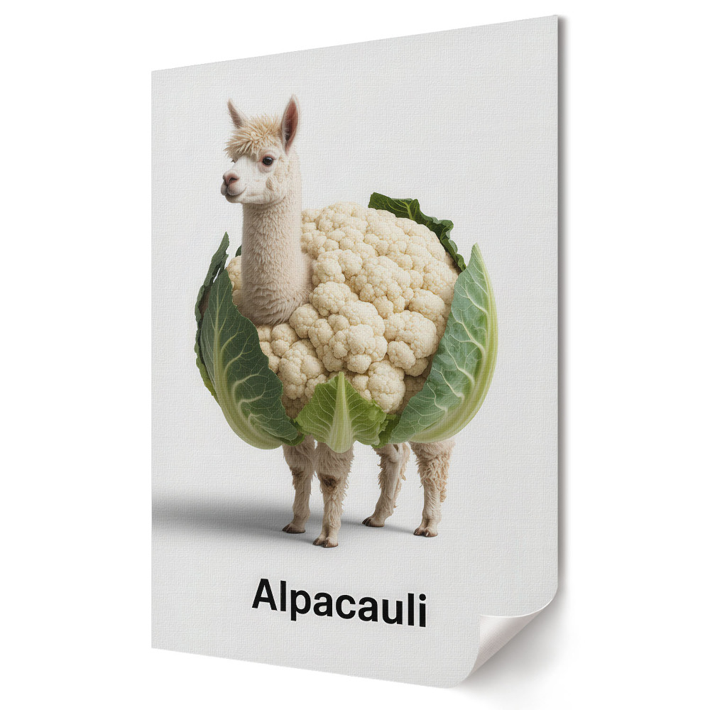 Stylowy plakat na ścianę z grafiką alpaki w kapuście i kalafiorze