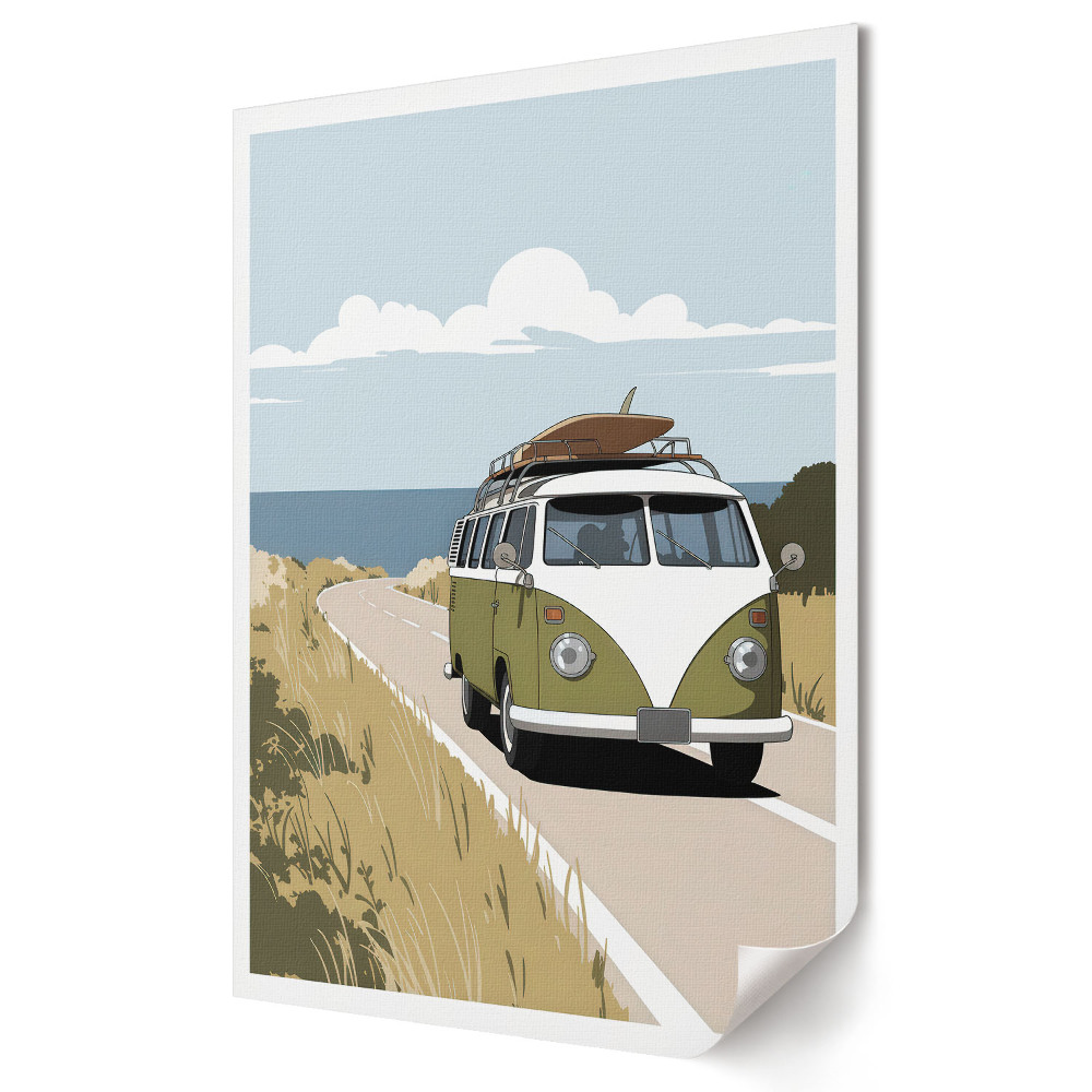 Plakat na materiale polycanvas Kultowy van w drodze do przygody