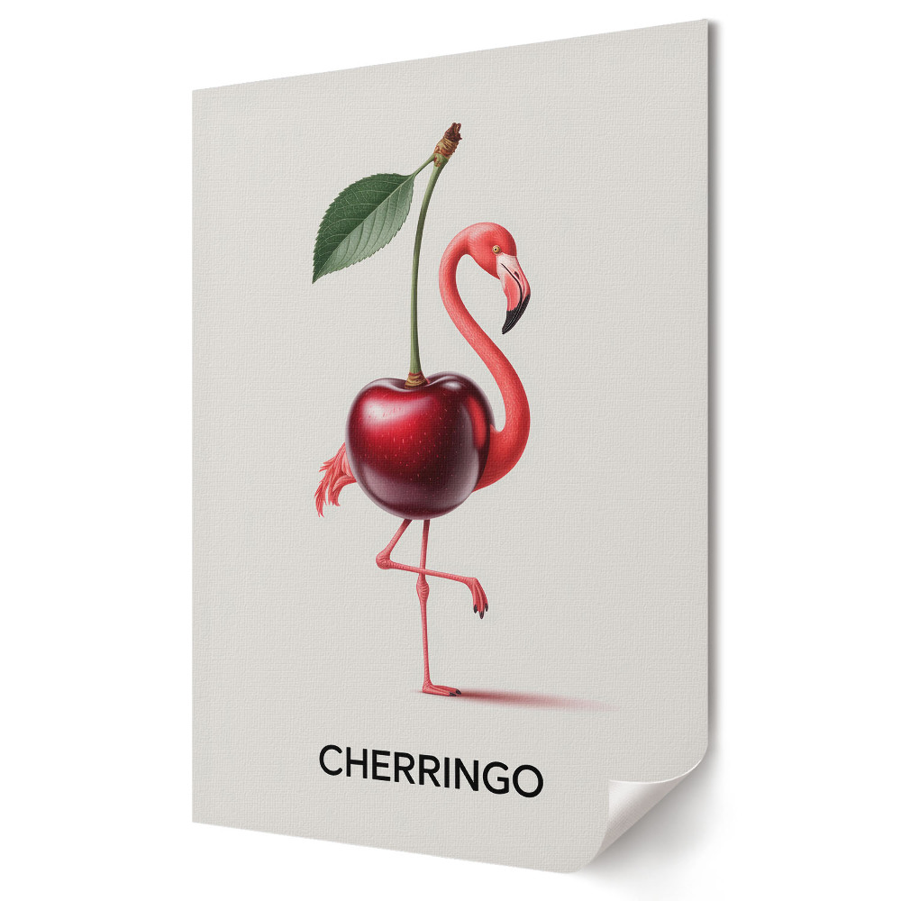 Plakat na materiale polycanvas Flamingo z wiśnią na szyi