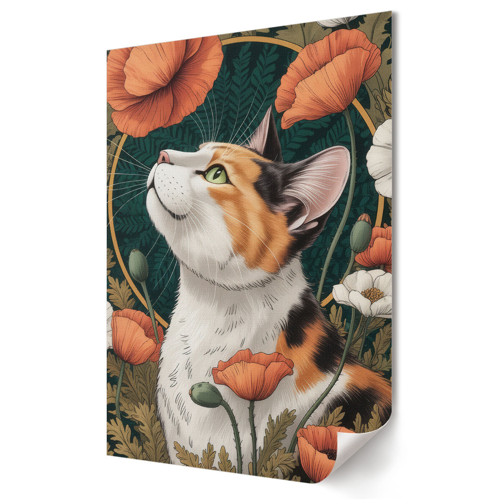 Plakat na materiale polycanvas Kot wśród kwiatów i zieleni