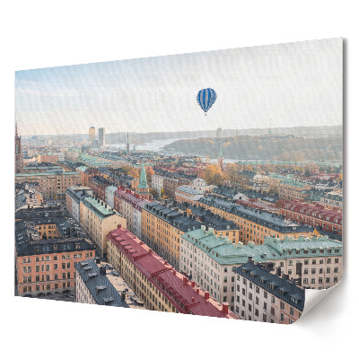 Plakat ścienny premium Widok na miasto z balonem na gorące powietrze