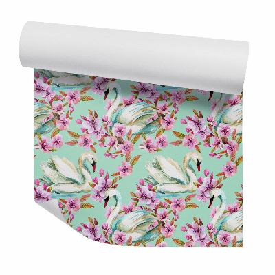 Tapeta Łabędzie wśród różowych kwiatów