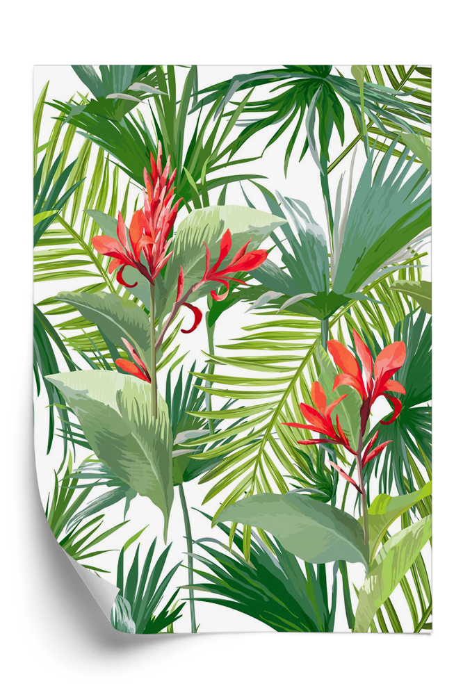 Tapeta Tropikalne liście palmowe i kwiaty dżungla
