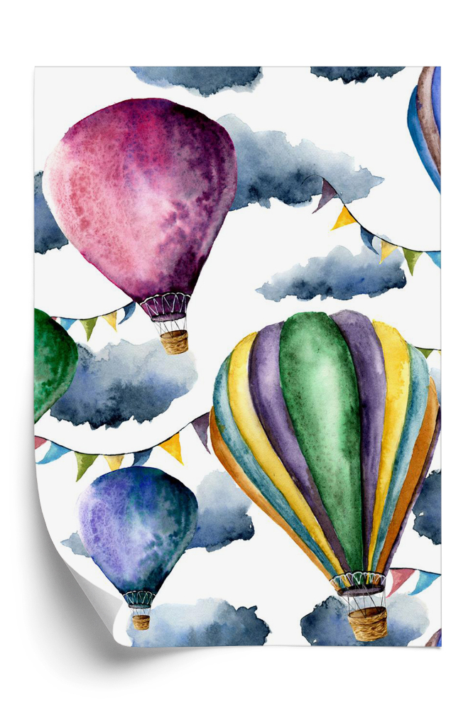 Tapeta Akwarela wzór z balonów na ogrzane powietrze i chmury