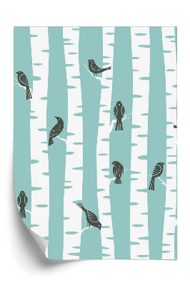 Tapeta Las i ptaki na niebieskim tle